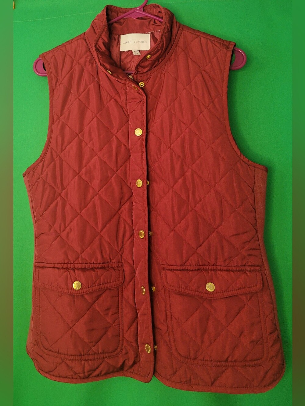 Adrienne Vittadini Quilted Red Vest Puffer Gold Buttons Size Large